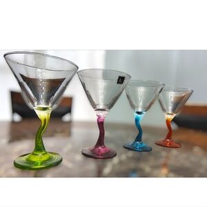 Circleware 4 Martini / Cocktail Glasses with Bent - Crooked - Groovy Stems Multi